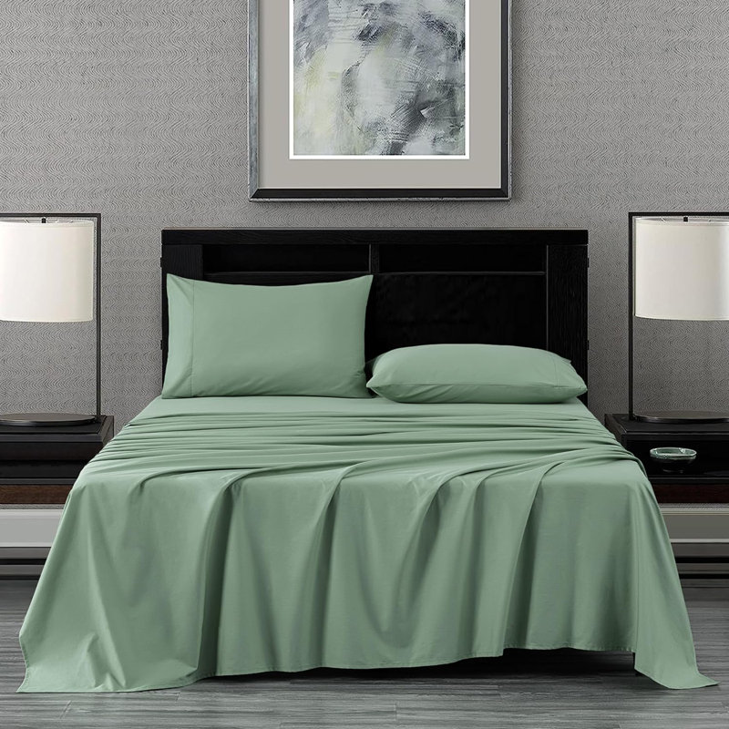 100% Cotton Twill Sheet Set, California King Sheet Set with 2 Pillowcases, Sage Green