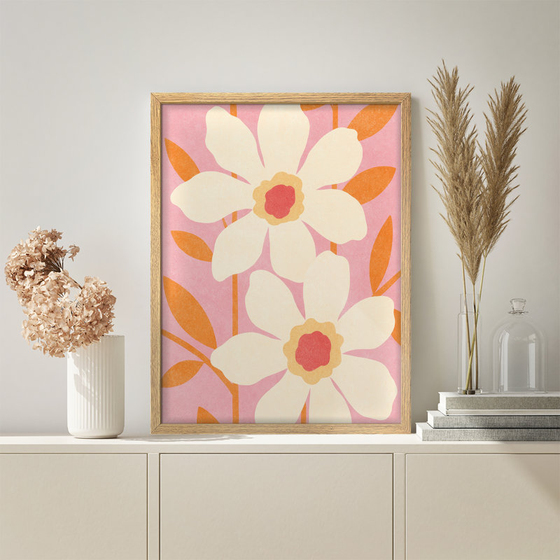 Art mural encadré rétro fleur - imprimé floral rose et orange audacieux pour décorations Mid-Century ou Boho, Naturel