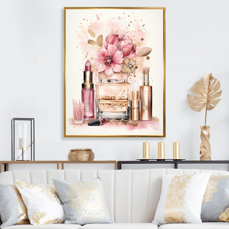 Beauté rose et dorée Boho Chic Beauty - reproduction sur toile, Cadre flottant doré, H 44 po x l 34 po x P 1,5 po