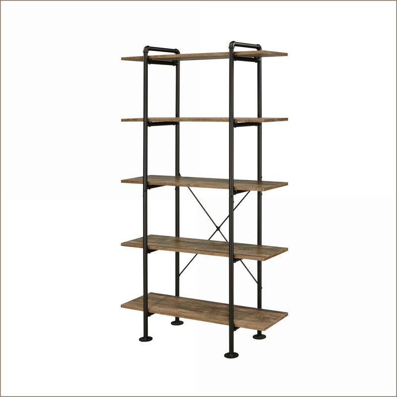 Bibliothèque, chêne industriel rustique & amp; 5 tablettes noires | Bois et métal | Ouvert à l'arrière, Noir / brun