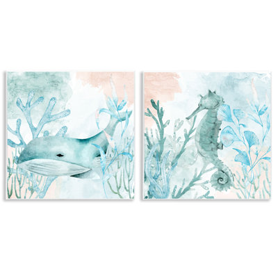 Ensemble de 2 plaques murales Whale and Seahorse Sea Swim, design par Kim Allen