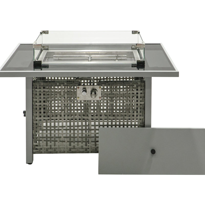 43" Rectangular Grey Open Weave Propane Fire Pit Table, 60000 , With Blue Glass Stones, Tempered Wind Guard, And 20Lbs Storage For Outdoor Family Gatherings Gas Bohemian Charm, Removable - Rust Lid