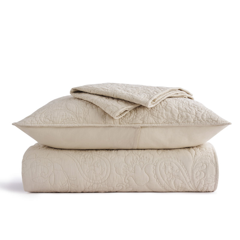Paisley 100% Cotton Quilt Set 3 Pieces, King Quilt + 2 King Shams, Flax Beige