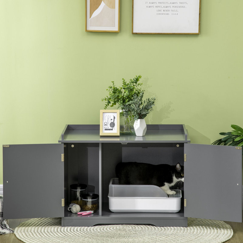 Armoire à litière pour chat gris avec tablette latérale, fermeture magnétique et charme pour les propriétaires d'animaux de couleur large, portes, rangement organisé