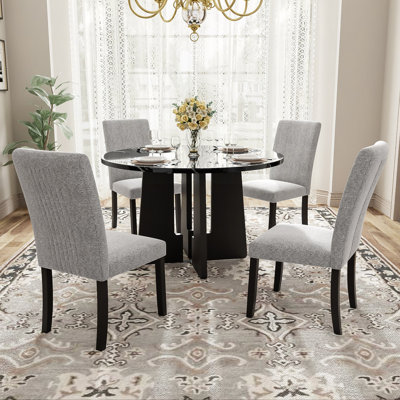 5-Piece Round Dining Table Set, 43" Dining Table And 4 Upholstered Chairs For Dining Room, Kitchen Room, Living Room, Easy Assembly