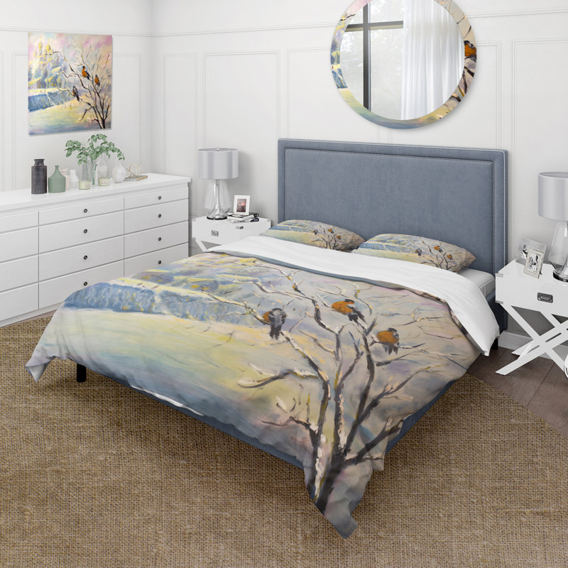 Rustic Birds On A Tree In Winter Village - Ensemble de housse de couette Farmhouse - Microfibre de polyester