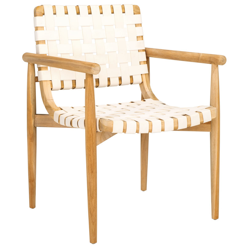 Keili Upholstered Armchair, White Genuine Leather, Natural Teak Wood