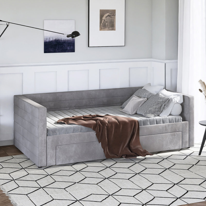Twin Upholstered Extendable Daybed With Trundle, 2 Drawers, Gray