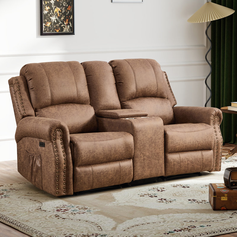 75.2" Faux Leather Power Reclining Loveseat With Nailhead Trim, Center Console, USB & Type-C Ports, Vintage Tan