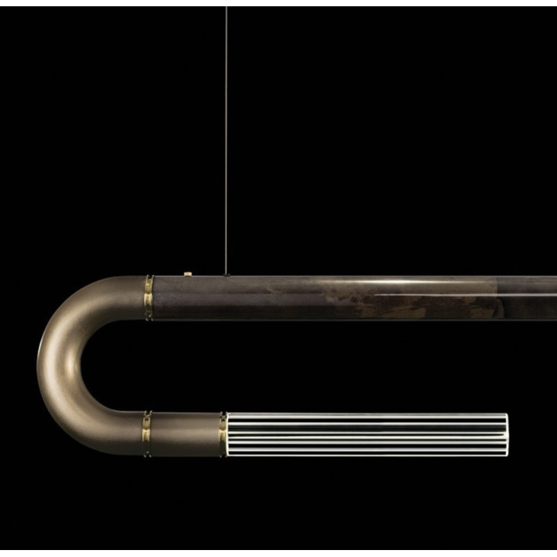 Luminaire suspendu linéaire avec peau Antonia, Ombre bronze / laiton / gris anthracite