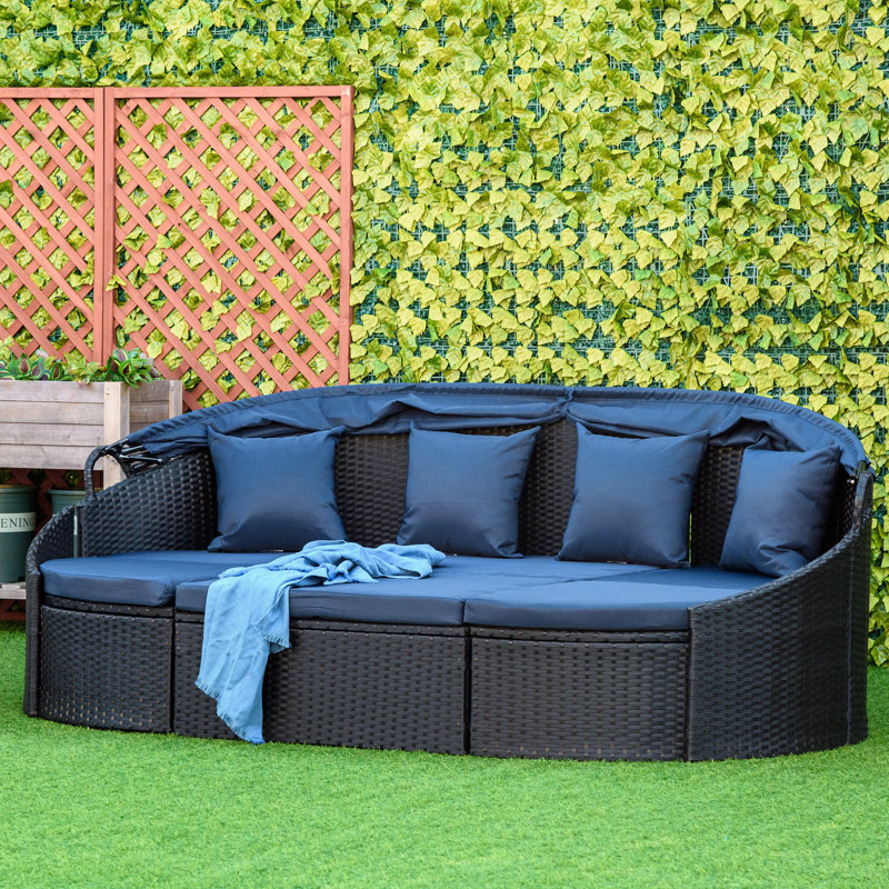 Shenae 90.5'' Wide Curved Metal Patio Daybed with Cushions, Black, Blue