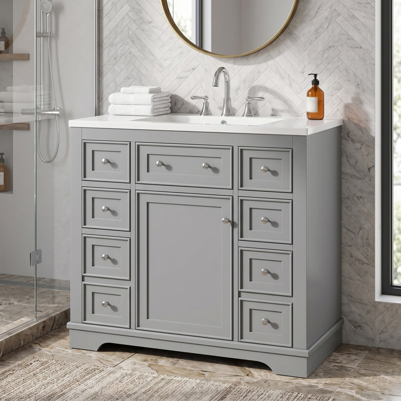 Meuble-lavabo moderne autoportant de 91 cm (36 po) en bois massif et MDF, avec lavabo en céramique intégré, 6 tiroirs, garde-robe, tablette réglable et quincaillerie complète.