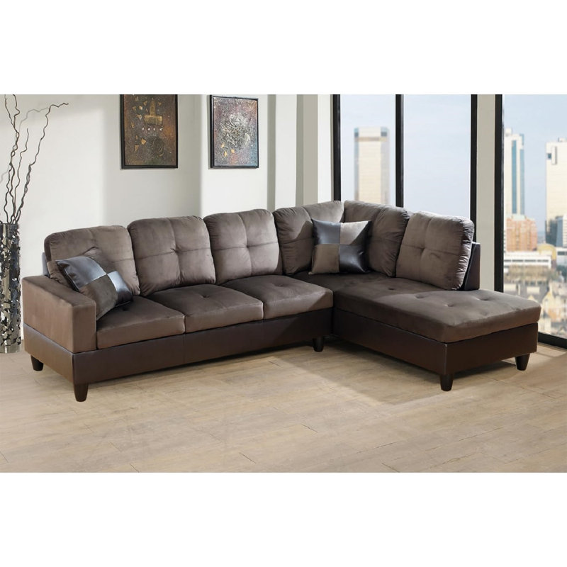 Lemley Upholstered L-Shaped Sectional, Right Hand Facing, Brown Microfiber/Microsuede/Faux Leather