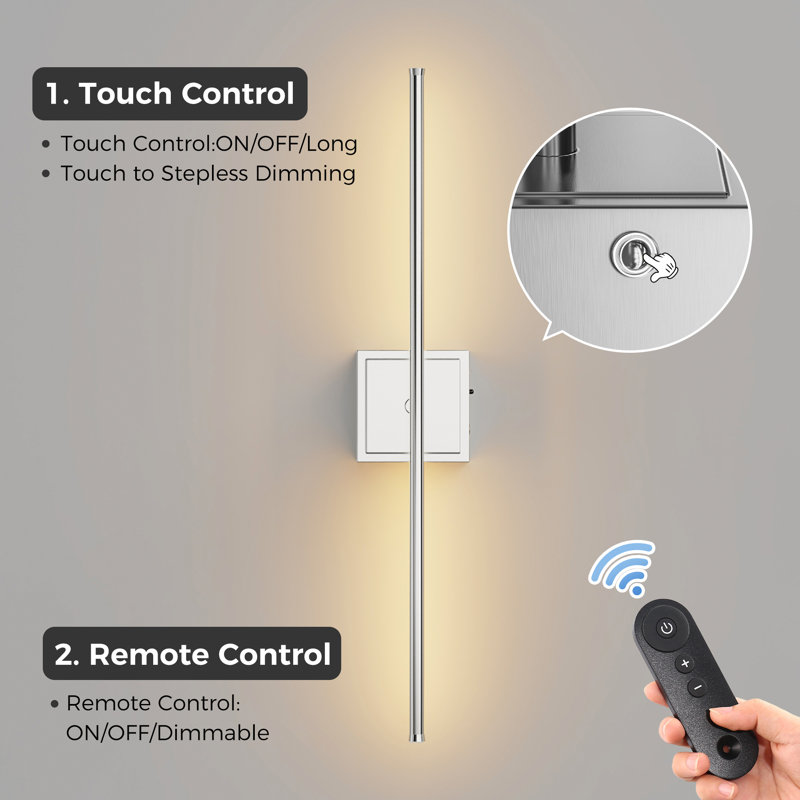 28'' Battery Operated Wall Sconces with Remote Control, 350° Rotated Wall Light Bar, Stainless Steel