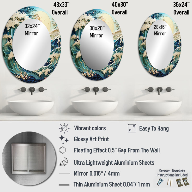 Teal White Ocean Rhapsody - Coastal Oval Decorative Mirror On Metal, 43" x 33"