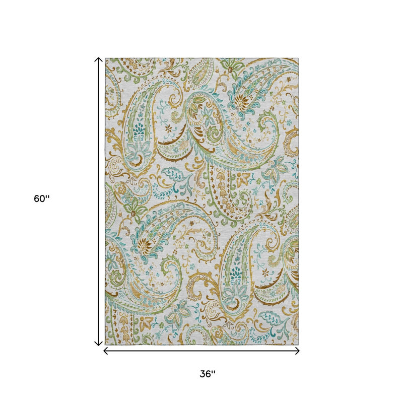3' X 5' Ivory Blue And Green Paisley Washable Area Rug With UV Protection
