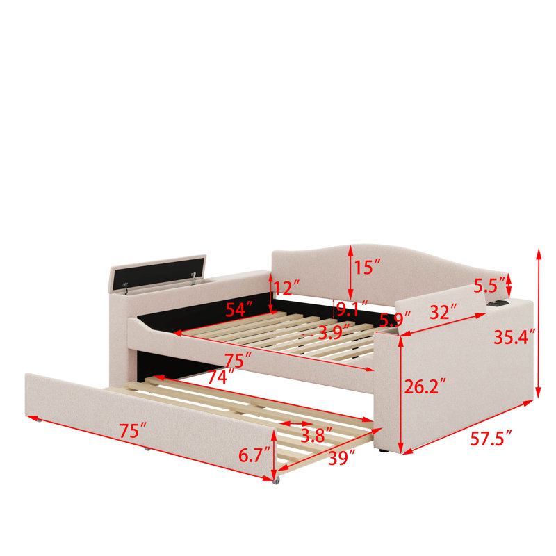 Lit de jour double rembourré avec accoudoirs de rangement, lit gigogne et dernier système audio Bluetooth