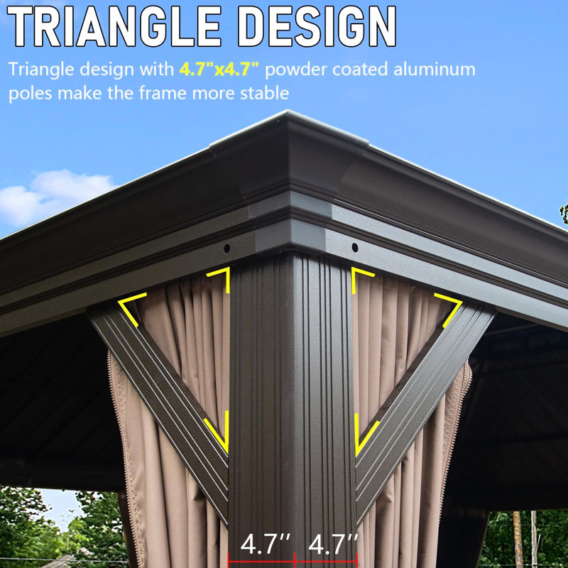 Pavillon de jardin extérieur 14 pi x 22 pi, brun. Auvent double en acier galvanisé et cadre en aluminium. Système de gouttière. Rideau pour l'intimité Pavillon de jardin brun avec fonction de protection - 14 x 22 pi, cadre, toit