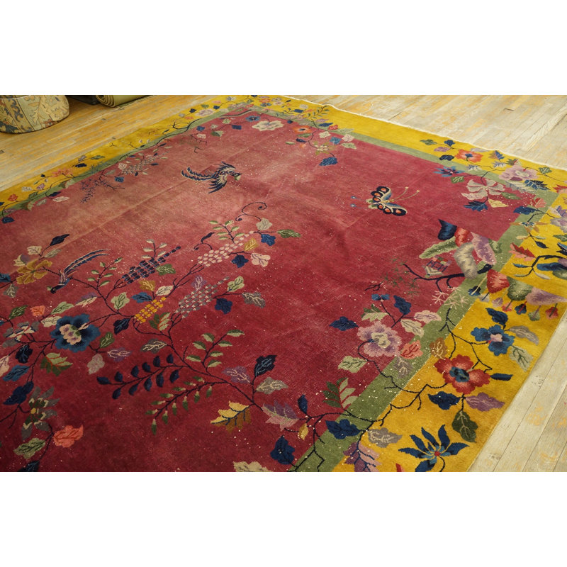 Antique Art Deco Chinese Floral Orange, Red / Rust 1920s Rug