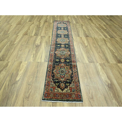 2'6"x11'5" Navy Blue, Heriz with Geometric Medallions Design, Natural Dyes, Hand Knotted, Soft Pile, Hand Spun New Zealand Wool, Runner, Oriental Rug