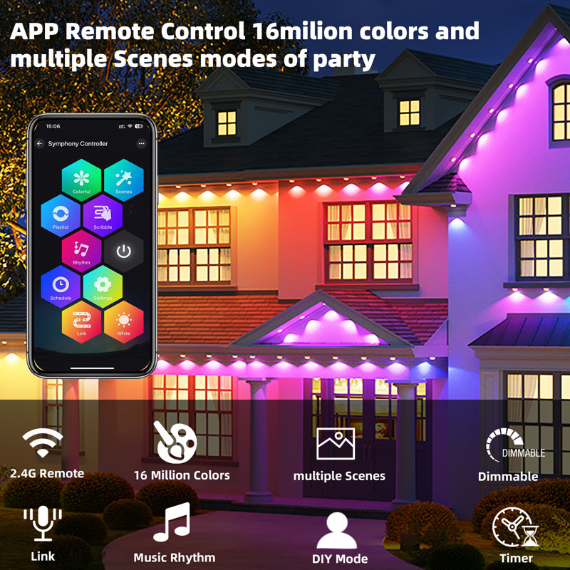 Smart Permanent Outdoor Lights, 100ft with 72 LED RGB String Lights, IP67 Waterproof Eaves Light