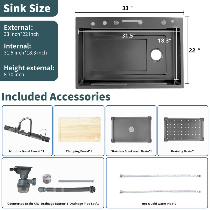 33" Undermount Single Bowl Metal Kitchen Sink