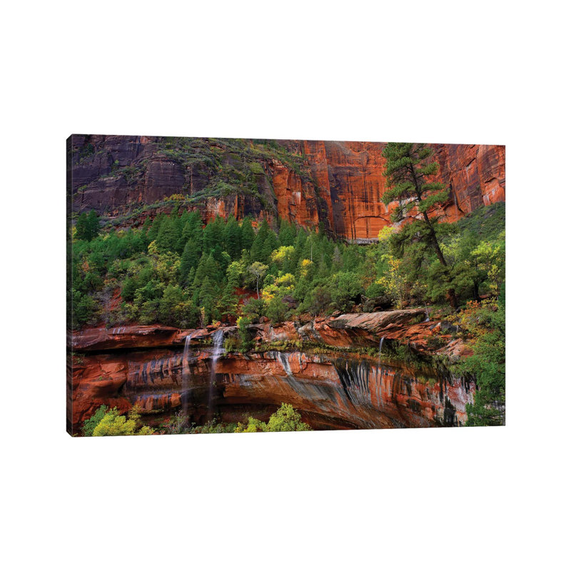 Cascades Tumbling 110 Feet At Emerald Pools, Note The Black Streaks Called Desert Varnish, Zion National Park, Utah IV by Tim Fitzharris - Wrapped Canvas Print