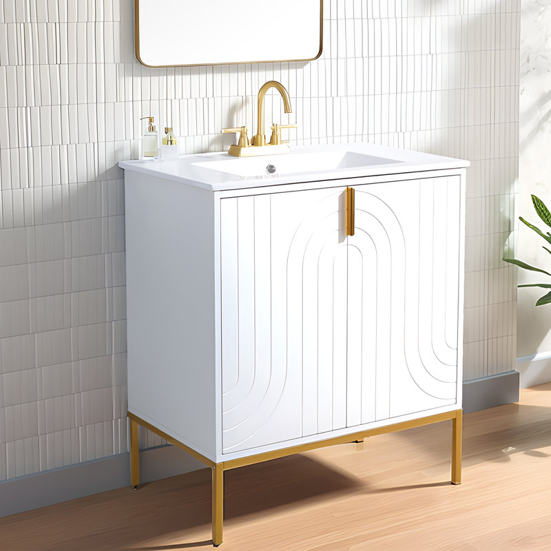30" White Modern Free-Standing Single Bathroom Vanity With Ceramic Top
