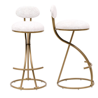 2 tabourets de bar 2 pièces, or et blanc, siège rembourré à motif floral et structure en métal pour la cuisine à domicile, imprimé blanc, rembourrage en mousse
