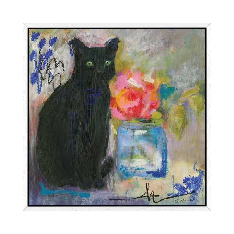 Just Love a Black Cat 1 Piece Painting on Canvas, 45.72cm H x 45.72cm W x 3.81cm D, White Framed
