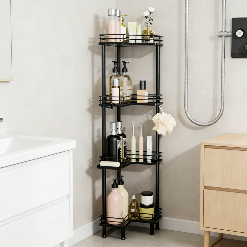 Organisateur de coin 4 pièces avec porte-savon et crochets, tablette de salle de bain en acier inoxydable de grande capacité pour le rangement de la baignoire et de la douche