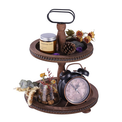 Wooden Decorative Tray Two Tiered Tray Decorations Round Serving Tray With Metal Handle, Wooden Cupcake Stand For Party Tiered Dessert Stand - Dark Brown