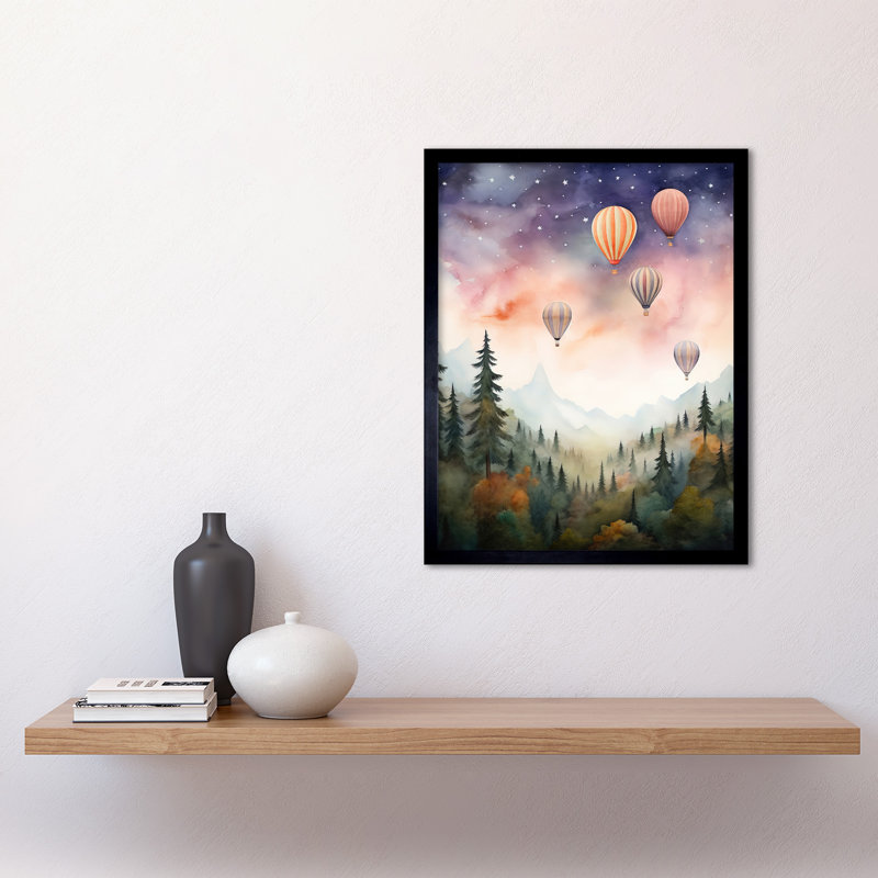 Hot Air Balloons Over Misty Forest Landscape Watercolour - Single Picture Frame Print