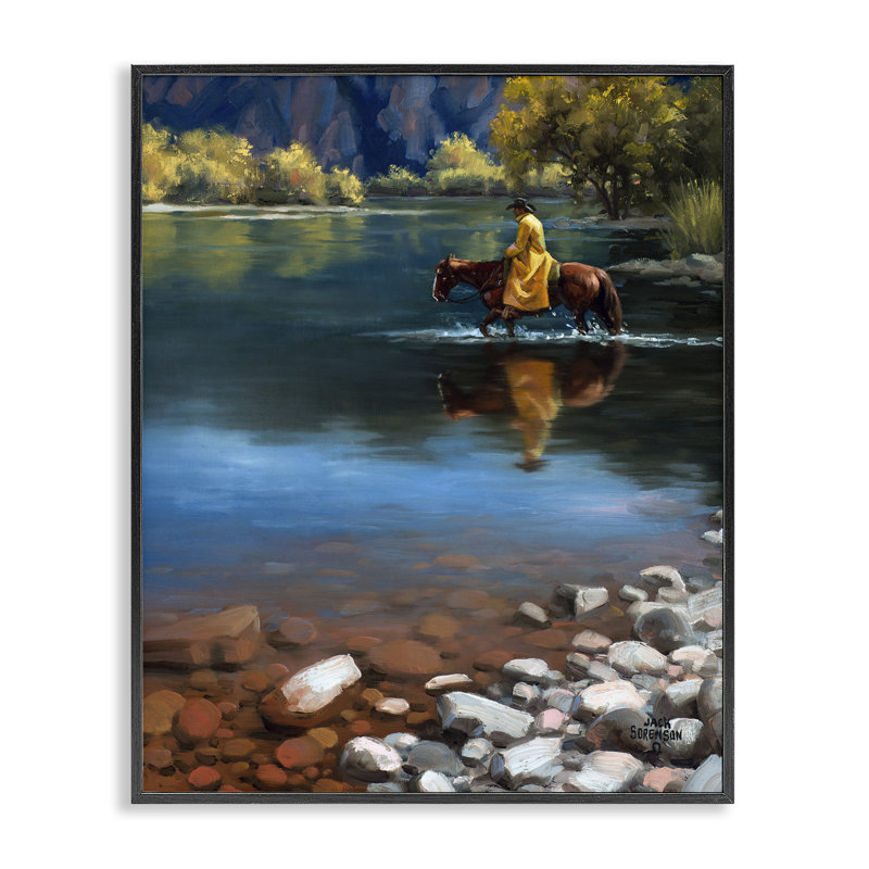 «Horse & Man in Rocky River», art de la giclée encadrée, design par Jack Sorenson, H 14 po x l 11 po