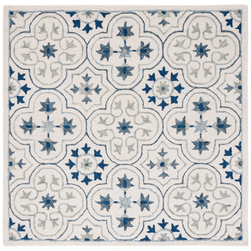 Cendy Micro-Loop Hand Tufted Wool/Cotton Floral Rug in Blue/Ivory, Square 5'