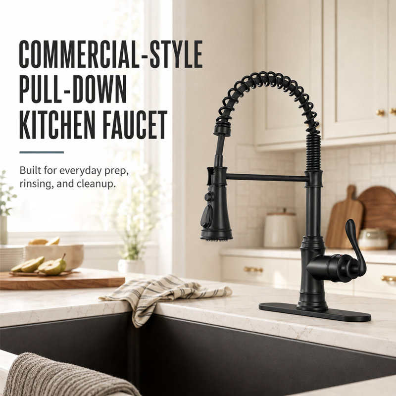  VIBRANTBATH, robinet de cuisine noir rétractable, robinet d'évier de cuisine à poignée simple minimaliste 3 fonctions avec plaque de pont