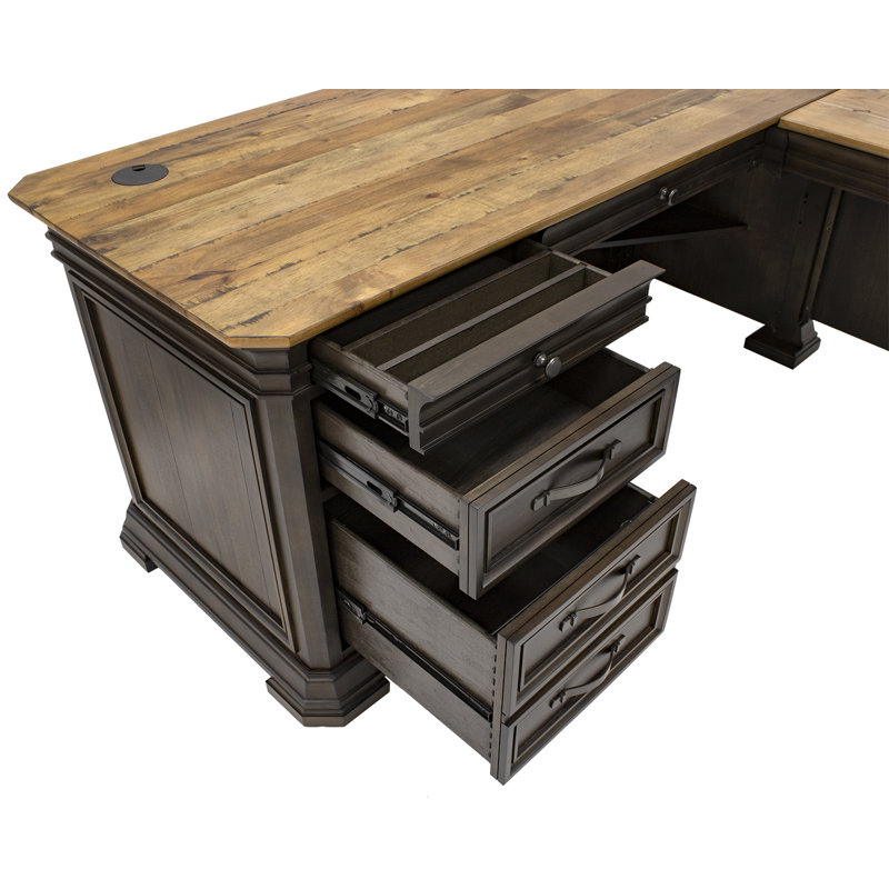 Brown Transitional L-Shaped Executive Desk with Power Outlet and USB Port