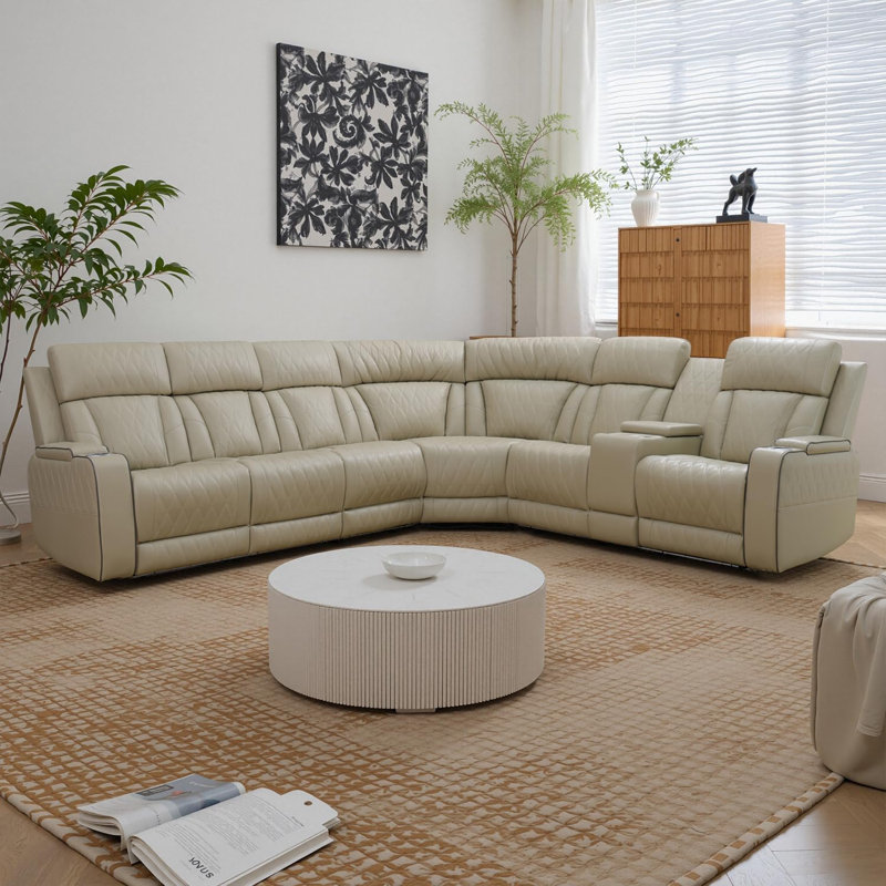 3-Piece Faux Leather Power Reclining Living  Room Sectional Sofa Set, Beige Faux Leather, 41.7" H x 111" W x 100" D