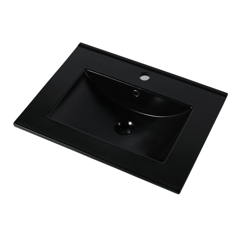Évier vasque en céramique noire 24 po, profondeur intérieure 4,72 po, comptoir de 0,81 po, cuve de construction robuste interne supérieure