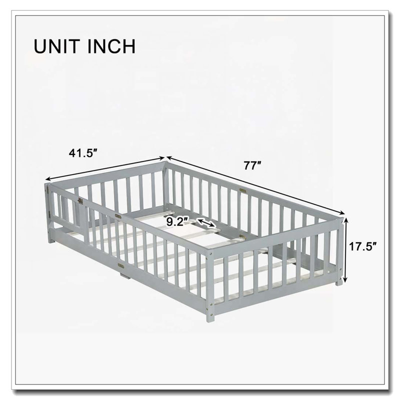Lit en bois avec clôture et porte, Gris, Lit simple