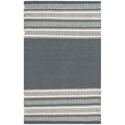 Rodgers Hand Woven Flat Weave Wool/Cotton Striped Rug in Dark Gray