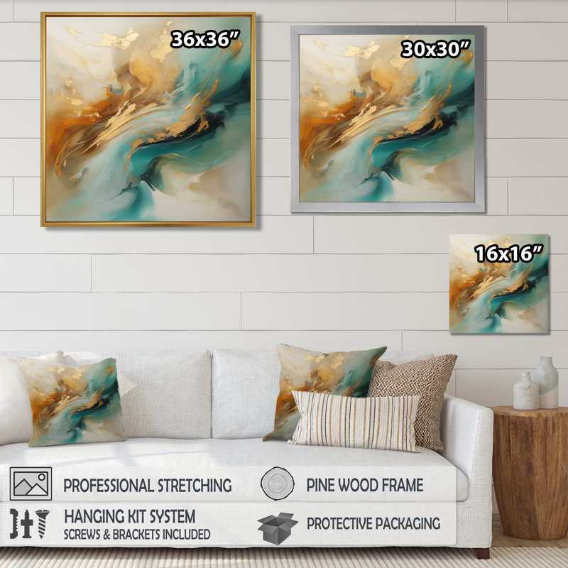 Golden Sunrise On Turquoise II - Abstract, reproduction d'art murale, Toile tendue, H 16 po x l 16 po x P 1 po