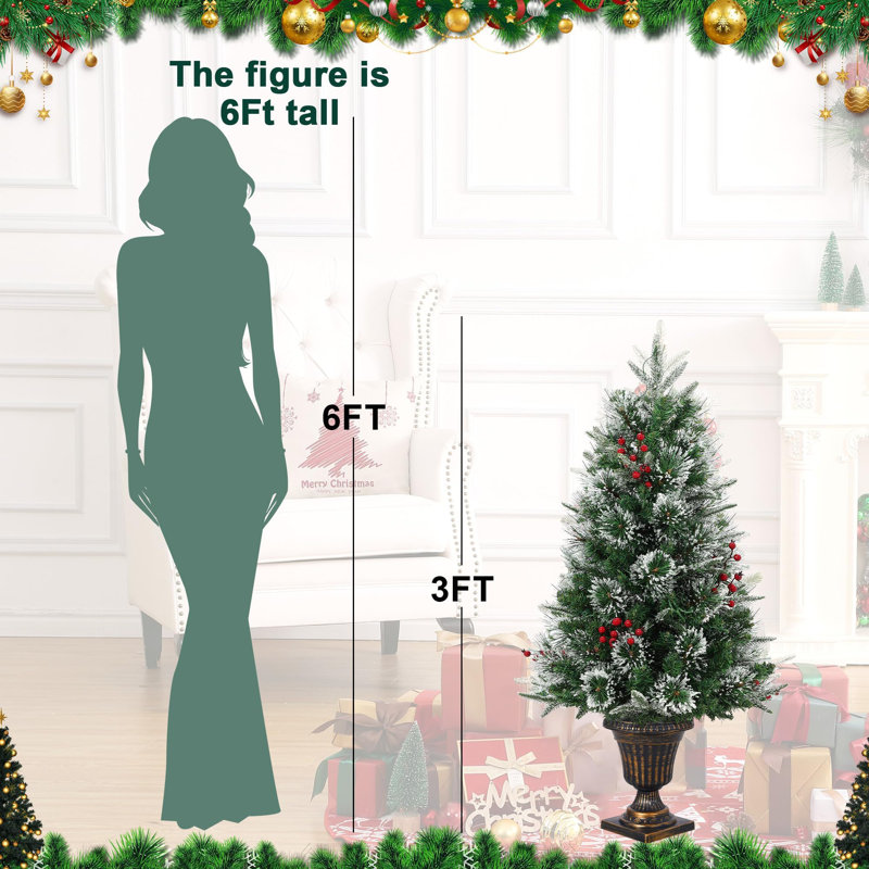 Arbre de Noël artificiel illuminé 3 pi avec lumières à DEL multicolores et base en pot, arbre enneigé à piles
