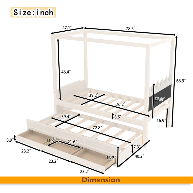 Lit plateforme avec tête de lit tapissier, lit gigogne simple et 3 tiroirs, cadre de lit à baldaquin princesse pour enfants, rangement et assemblage facile