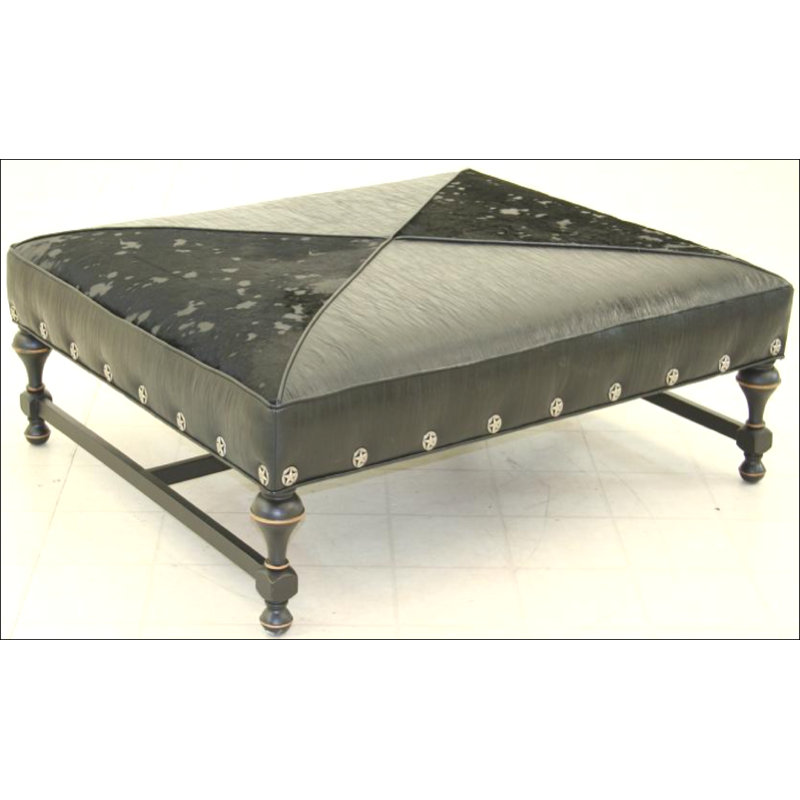 Leather Ottoman, Hair Hide Black/White, Old Gold E, Brushy Bayou