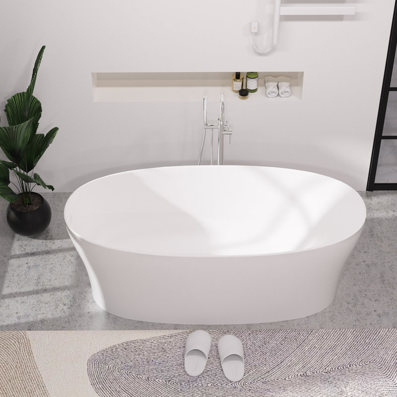 63" Solid Surface Stone Resin Oval-shaped Freestanding Soaking Bathtub With Overflow