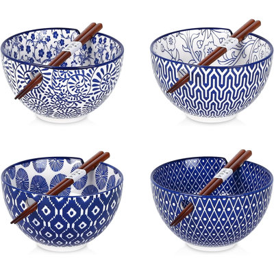 Ceramic Ramen Bowls Set, 15 OZ Noodle Bowls For Kitchen With Chopsticks, Deep Soup Bowls For Japanese Ramen Udon Soba, Microwave Dishwasher Safe, Gift, Set Of 4, Vintage Blue