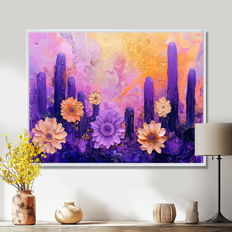 Paysage de rêve, paysage de cactus lavande - art mural floral cactus, H 30 po x l 40 po, Blanc