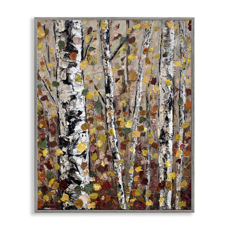 Autumn Birch Trees Abstract Landscape Canvas Print in Gray Frame