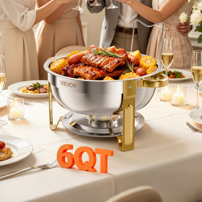Ensemble de 4 chafing dishes pour buffet, chafing dish en acier inoxydable de 6 pintes, comprenant 4 pots et un support à combustible, plateaux de service et chauffe-plats ronds empilables, conçus pour les banquets, les fêtes, les mariages et les événements traiteurs.